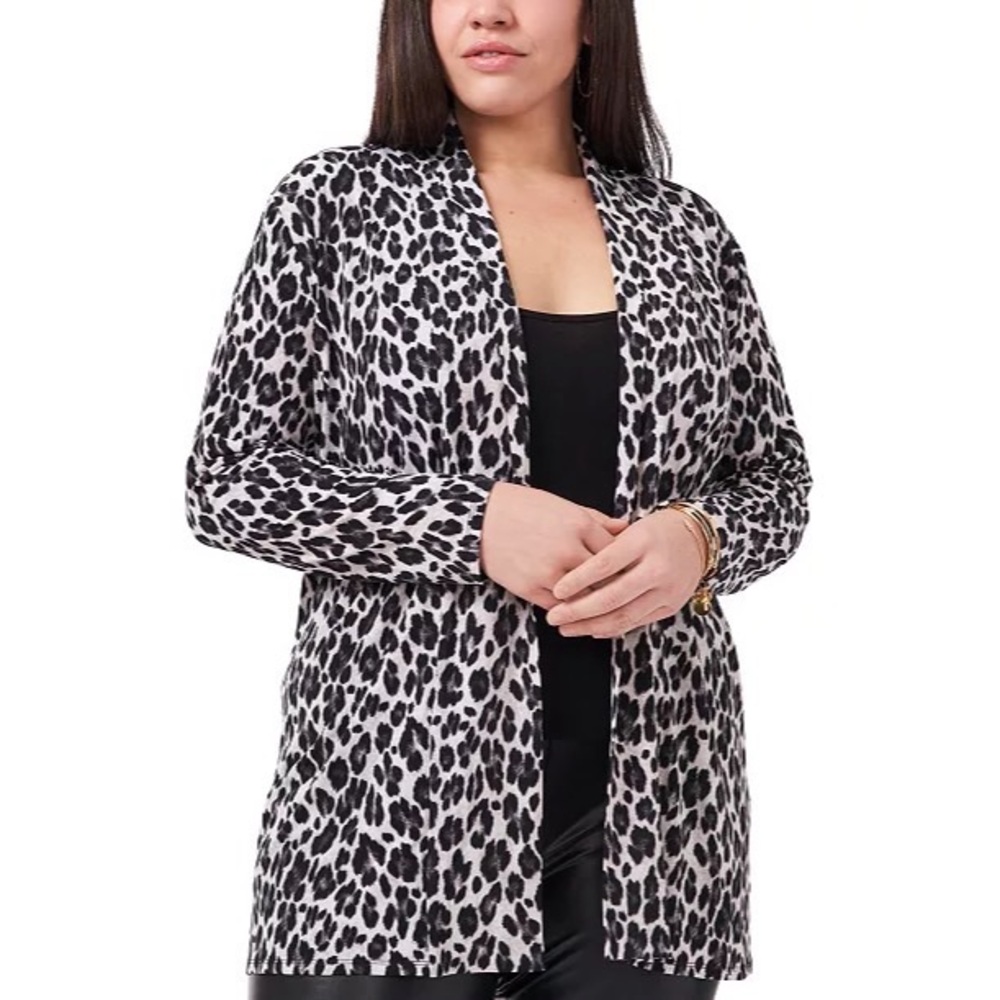 Vince Camuto Womens 2X Leopard Print‎ Open Front Cardigan Dark Pewter NEW